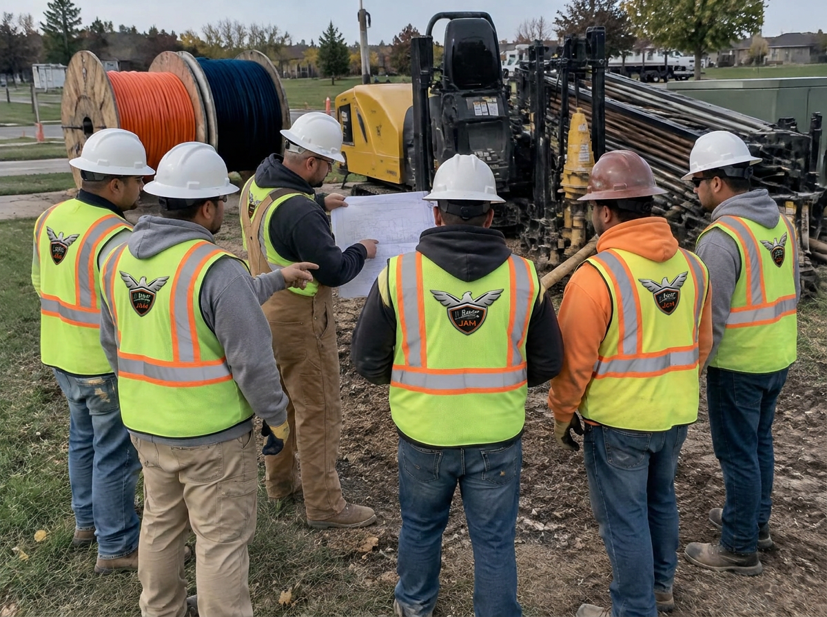 Seven-person JAM Underground Utilities crew conducting a field briefing